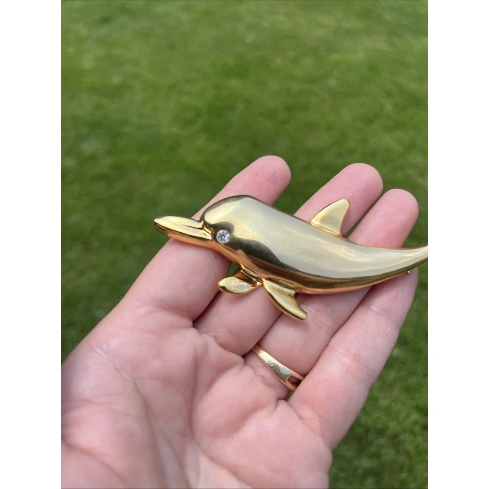 Gold-Tone Dolphin Pin w/ Faux Diamond Stone Eye Brooch Vtg‎ 4.25